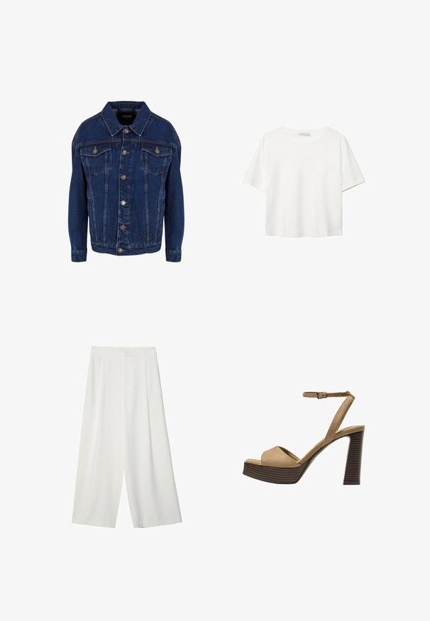Mörkblå denimjacka med långa ärmar, knäppning fram, två bröstfickor med lock och kontraststygn på en vit bakgrund.; Vit t-shirt med kort ärm i bomull. Har en rundad halsringning och en avslappnad passform. Slät textur utan synliga mönster eller detaljer.; Vita, vida cropped byxor med en slät textur, med platt front och utan synliga knäppningar eller fickor.; Beiga suède högklackade sandaler med ett brett framrem och ankelsrem, med en kraftig träblockklack med en strukturerad yta.