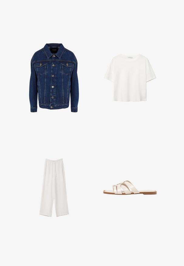 Tummansininen farkkutakki, jossa on pitkät hihat, napit edessä, kaksi rintataskua ja kontrastivärinen ompelu valkoista taustaa vasten.; Valkoinen lyhythihainen T-paita, joka on tehty puuvillasta. Siinä on pyöreä kaula-aukko ja rento malli. Silkkinen pinta ilman näkyviä kuvioita tai koristeita.; Valkoiset leveälahkeiset housut kevyestä kankaasta. Ominaisuuksiin kuuluu elastinen vyötärö, jossa on nauhakuuluma ja sivutaskut. Sileä rakenne.; Tason vaaleanruskealla kumipohjalla, jossa on kolme päällekkäistä valkoista nahkaremmiä ja pieni satiininen rusetti keskellä.