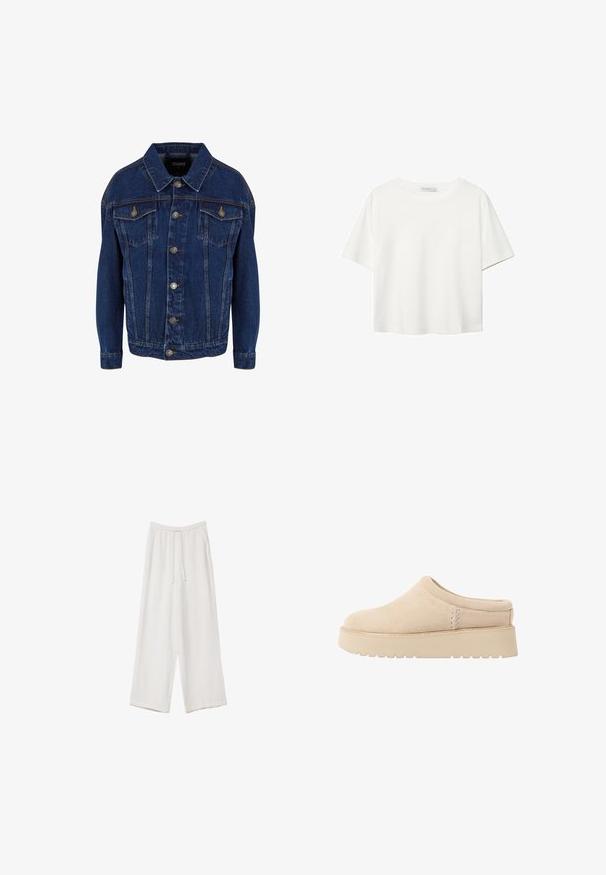 Tmavě modrá džínová bunda s dlouhými rukávy, zapínáním na knoflíky, dvěma náprsními kapsami s klopou a kontrastním prošíváním na bílém pozadí.; Bílý krátký rukáv tričko vyrobené z bavlny. Má kulatý výstřih a volný střih. Hladký materiál bez viditelných vzorů nebo akcentů.; Bílé široké kalhoty vyrobené z lehké tkaniny. Mají elastický pas se šňůrkou a boční kapsy. Hladká textura.; Krémové semišové boty na klínku s kulatou špičkou a silnou, texturovanou podrážkou. Vyznačují se minimálním šitím a měkkým designem.