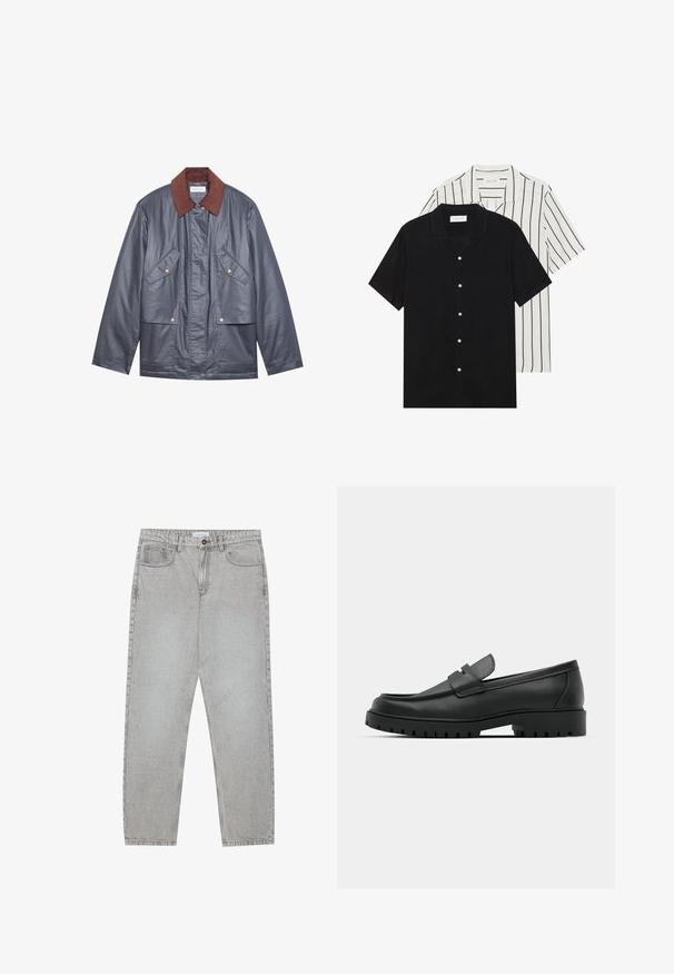 Grå vandtæt jakke med en brun kordfløjlskrage, der har to frontlommer og knaplukning. Glat tekstur og afslappet pasform.; To korteærmede skjorter: en ensfarvet sort og en hvid med sorte lodrette striber. Begge har knaplukninger og en klassisk krave.; Lysegrå denimbukser med lige ben, fem lommer og knaplukning. Synlig syning langs sømmene.; Sorte læder loafers med rund tå, der har et syet design, lav platformssål og en struktureret, skridsikker gummisål.