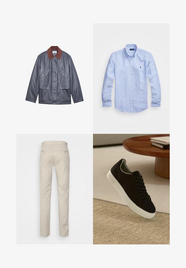 Szara kurtka wodoodporna z brązowym kołnierzem z sztruksu, z dwoma przednimi kieszeniami i zapięciem na guziki. Gładka tekstura i luźny krój.; Niebiesko-biała, w paski, koszula z długim rękawem, wykonana z bawełny, z kołnierzykiem zapinanym na guziki, guzikami z przodu oraz małym haftowanym logo na klatce piersiowej.; Beżowe spodnie o gładkiej fakturze, prostym kroju, z dwiema tylnymi kieszeniami z guzikami i standardowym pasem.; Czarny sneaker z białą podeszwą unoszący się nad beżowym, teksturowanym dywanem w pobliżu okrągłego drewnianego stołu z poukładanymi książkami.