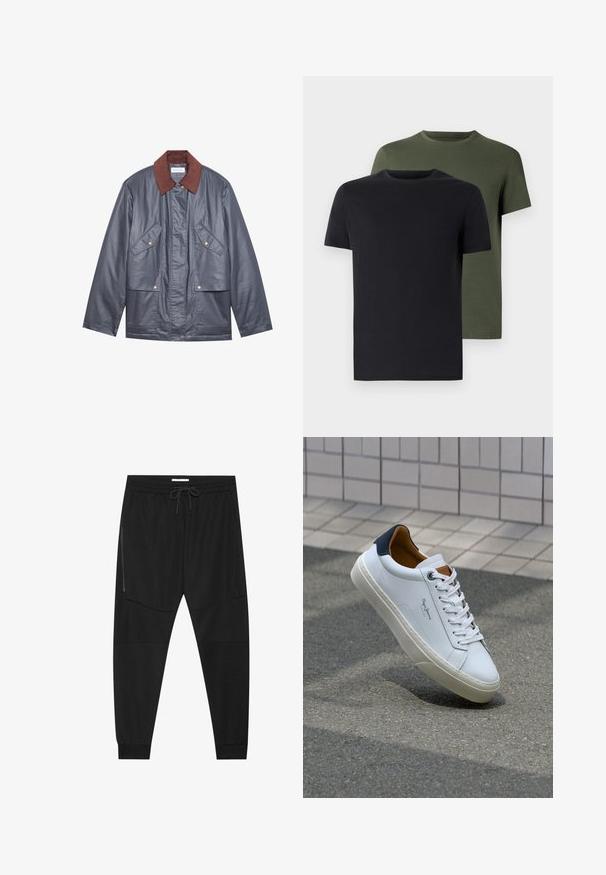 Szürke vízálló dzseki barna kordbársony gallérral, két elülső zsebbel és gombos záródással. Simaság tapintás és laza szabás.; Két crew neck póló fekete és olíva zöld színben, puha pamut anyagból. A design egyszerű, rövid ujjú és egyenes szabású.; Fekete sportnadrág texturált anyagból, állítható derékkal, cipzáras oldalzsebbel és szűkített szegéllyel.; Fehér bőr sneaker sötétkék sarkúval, kerek orral és kontrasztos barna részletekkel. Lapított fűzőkkel és textúrált gumitalppal rendelkezik.