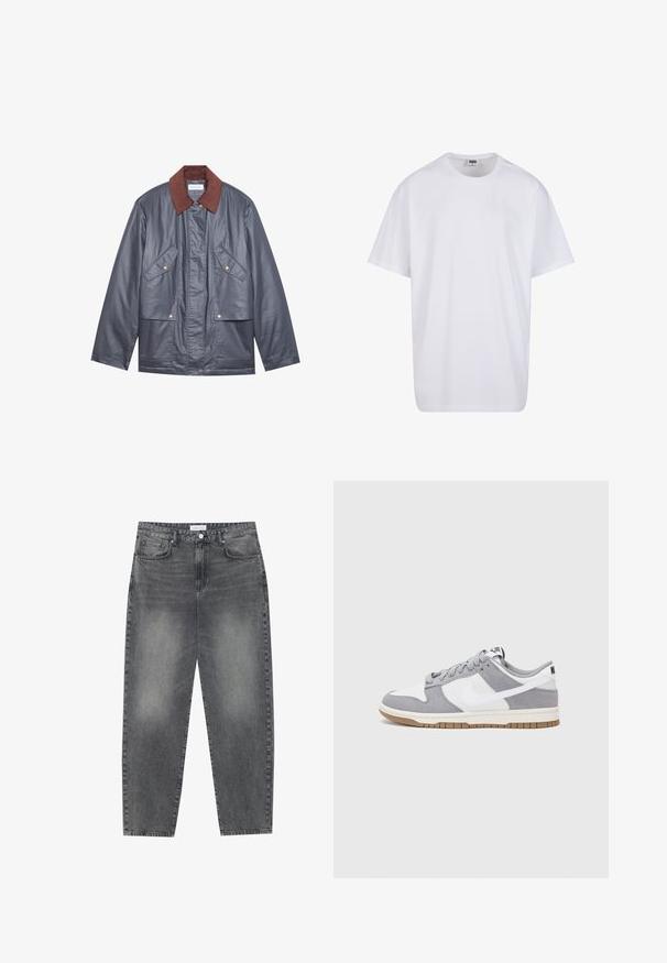 Veste imperméable grise avec un col en velours côtelé marron, dotée de deux poches avant et d'une fermeture à boutons. Texture lisse et coupe décontractée.; T-shirt en coton blanc avec des manches courtes, un col rond, une coupe décontractée et sans logos ni motifs visibles. Texture lisse et design minimaliste.; Jean taille haute, décontracté en denim noir délavé. Comprend cinq poches, des passants de ceinture et un design de jambe droite épurée.; Baskets grises et blanches avec un dessus en suède et cuir, bout rond, lacets plats et semelle en caoutchouc avec une touche de gomme.