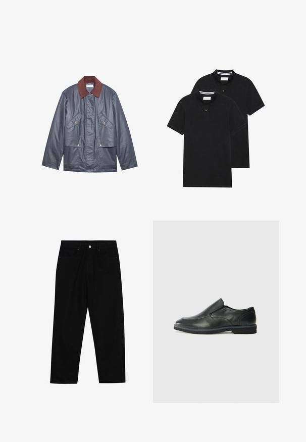 Graue wasserfeste Jacke mit einem braunen Cordkragen, ausgestattet mit zwei Fronttaschen und einer Knopfleiste. Glatte Textur und lässige Passform.; Zwei schwarze Polohemden, kurzärmlig, aus Baumwolle, mit einem klassischen Kragen, zwei Knöpfen und weißen Streifenakzenten im Inneren des Kragens.; Schwarze Jeans mit geradem Schnitt, Fünf-Taschen-Design und einem vorderen Knopfverschluss. Glatte Textur mit minimalen Nähten.; Schwarze Leder-Slipper mit glattem Obermaterial, gesteppten Akzenten, runder Zehenpartie und niedrigem Gummiabsatz. Die Sohle hat ein minimales Profil.