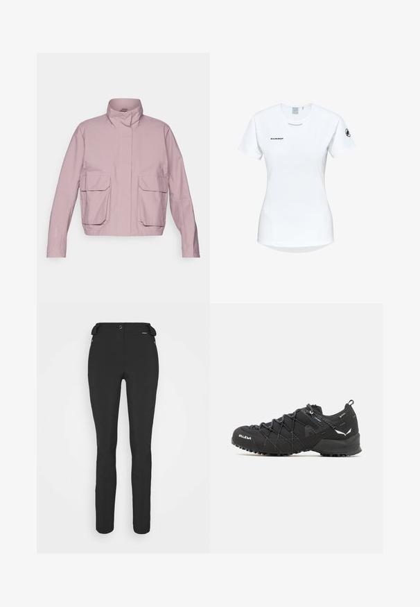 Giacca esterna rosa chiaro con colletto alto, due grandi tasche frontali e maniche lunghe. Tessuto liscio con dettagli di cucitura visibili.; Maglietta atletica bianca a maniche corte con colletto rotondo, dotata di un logo sul petto e una texture di tessuto liscia e leggera.; Pantaloni neri aderenti realizzati in materiale flessibile. Presentano una tasca laterale con zip, ginocchia articolate e una texture liscia.; Scarpe da trekking nere con tomaia in tessuto testurizzato, sistema di allacciatura e suola in gomma robusta. Accentuate da dettagli riflettenti e loghi.