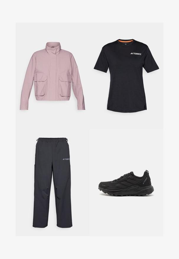 Jachetă de exterior roz deschis, cu guler înalt, două buzunare mari în față și mâneci lungi. Textură netedă cu detalii de cusătură vizibile.; Tricou negru cu mânecă scurtă, cu decolteu rotund, având o textură ușor heather și un logo alb "TERREX" pe partea superioară stângă.; Pantaloni de exterior negri, ușori, cu un talie elastică, buzunare laterale și un logo pe piciorul din dreapta sus. Material neted, rezistent la apă.; Încălțăminte sportivă neagră cu un superior sintetic texturat, sistem de închidere cu șireturi, talpă groasă din cauciuc și accente discrete cu logo pe lateral și călcâi.