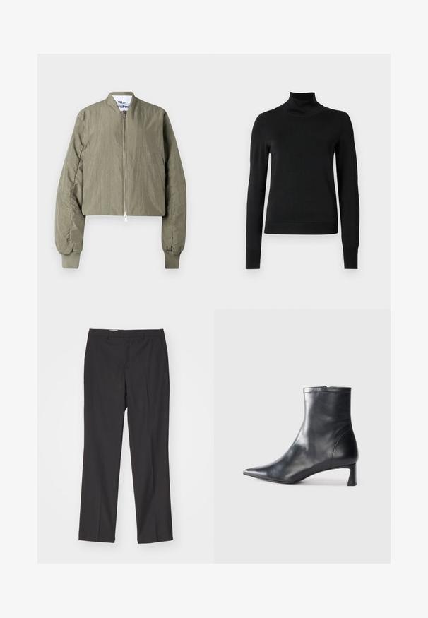 Olive green cropped bomber jacket, featuring a zip closure, ribbed cuffs, and a smooth, lightly textured fabric. Simple design with no patterns.; Black long-sleeve turtleneck sweater with ribbed cuffs and hem, displayed on a plain white background.; Black tailored trousers with a straight leg design, featuring belt loops and a smooth texture, made from lightweight fabric.; Black leather ankle boot with a pointed toe and a sleek design. Features a low heel and a zipper closure at the back. Smooth texture.