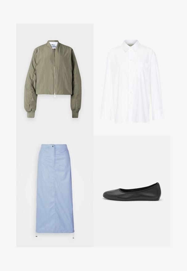 Jachetă bomber cropped de culoare verde măslinie, cu închidere prin fermoar, manșete ribbate și un material neted, ușor texturat. Design simplu, fără modele.; Cămașă albă cu mânecă lungă și guler, fabricată din bumbac. Are un închidere cu băta pe față și un singur buzunar pe piept. Textură netedă, croială lejeră.; Fustă bleu deschis, de lungime medie, confecționată dintr-un material fin și ușor, cu o croială dreaptă, având o închidere frontală cu nasturi și tiv cu șnur.; Balerini din piele neagră, cu vârf rotund, textură netedă, detalii de cusătură minimale și un design al tălpii flexibil.