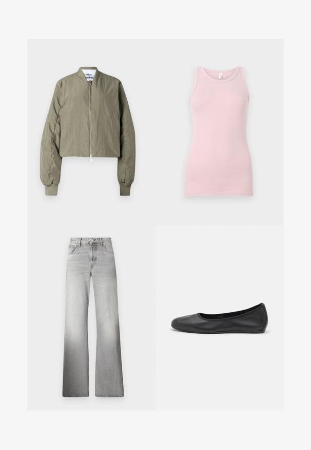Olivgrön kort bomberjacka med dragkedja, ribbade manschetter och ett slätt, lätt texturerat tyg. Enkelt design utan mönster.; Ljusrosa linne gjort av mjukt, stretchigt material. Har en rund halsringning och smala axelband, med en slät yta och åtsittande form.; Grå denim byxor med vida ben som har hög midja, blekt utseende, fem fickor och dragkedja med knäppning.; Svart läderballerinaskor med rund tå, slät yta, minimala söm detaljer och en flexibel sula.