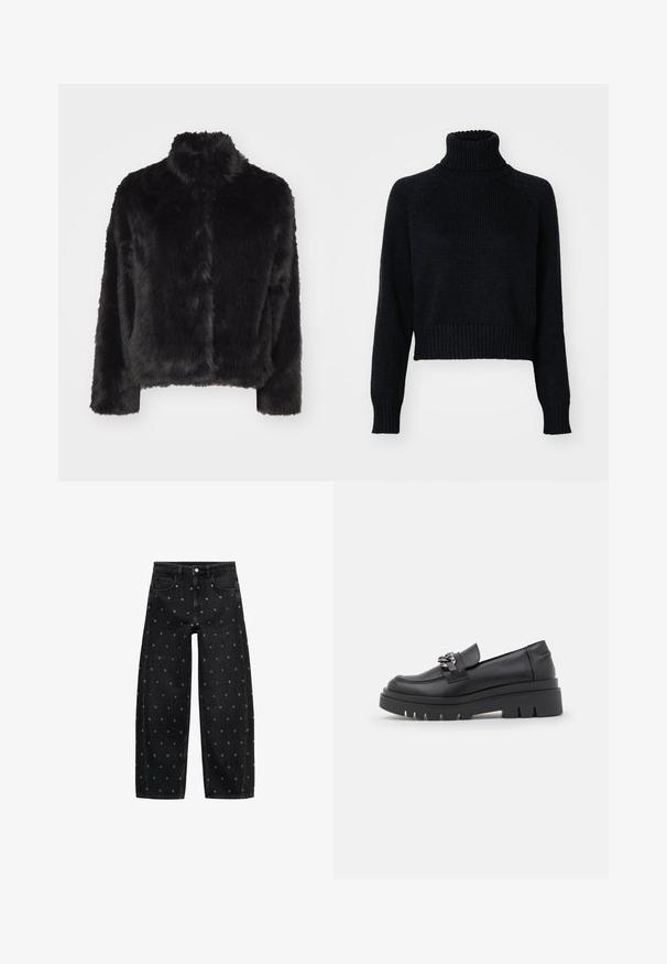 Vero Moda VMMONROE SHORT JACKET - Zimná bunda - black; Tmavý pletený rolák so skráteným strihom, s rebrovanými manžetami a spodným lemom a textúrovaným tkaním po celej ploche.; Čierne denimové nohavice s voľným strihom a vzorom malých strieborných očiek, so klasickým dizajnom piatich vreciek a zapínaním na gombík.; Čierne loafrové topánky s robustnou platformou, hladkým koženým vrchom, dekoratívnym reťazovým doplnkom a mierne zdvihnutou pätou s výrezom.