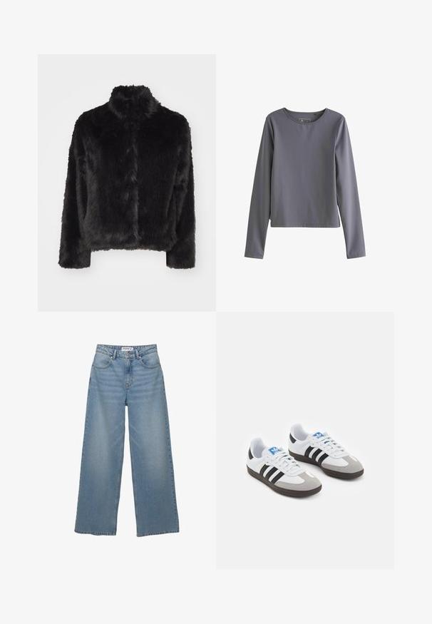 Vero Moda VMMONROE SHORT JACKET - Zimní bunda - black; Šedý dlouhý rukáv top vyrobený z hladkého materiálu; má kruhový výstřih a rovný, mírně volný střih bez viditelných vzorů nebo akcentů.; Světle modré džíny s širokými nohavicemi vyrobené z denimu. Mají vysoký pas, pět kapes a rovný střih s minimálním vyblednutím.; Sportovní boty s bílým koženým svrškem, šedou semišovou špičkou a třemi černými pruhy. Obsahují modré logo na jazyku a texturovanou gumovou podrážku.