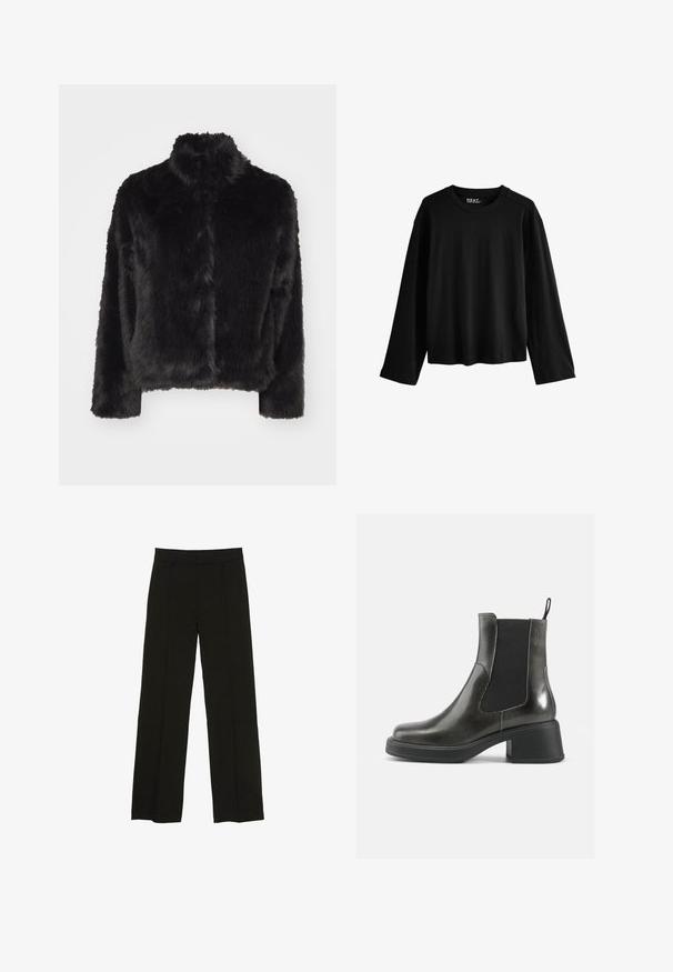 Vero Moda VMMONROE SHORT JACKET - Winterjas - black; Zwarte langarm T-shirt van zacht katoen. Beschikt over een ronde halslijn, een relaxed fit en een minimalistisch ontwerp zonder patronen of versieringen.; Zwarte wijde pantalon gemaakt van een soepele stof, met een aansluitende tailleband en subtiele plooien aan de voorkant voor extra textuur.; Zwarte leren enkellaarzen met een gladde afwerking, elastische zijpanelen en een zware hak. Voorzien van een lus voor gemakkelijker aan- en uittrekken.