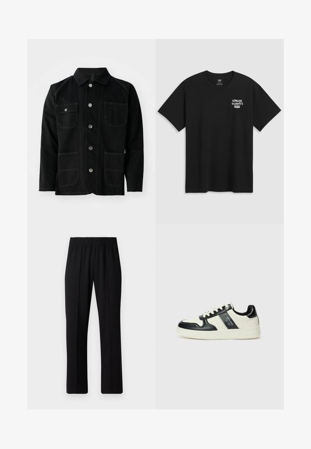 Mustmustest mustrada mustärjuga, millel on klassikaline krae, viis esimest nööpi, kaks suurt taskut, kontrastsed õmblused ja pikad varrukad.; Must musta t-särk, millel on rinnakrüpt, mis ütleb "KESKKOND" valgel stiliseeritud fontidega ja "Levi's" all. Klassikaline ümar kaelus.; Mustad, elastse puusärgid sirge säärega, mis on sileda tekstuuriga ja ilma nähtavate mustrite või riistadega.; Nahatud nahkkingad musta ja kreemi värviskeemiga, millel on perforeeritud aktsendid, pehme krae ja tekstureeritud tallad.