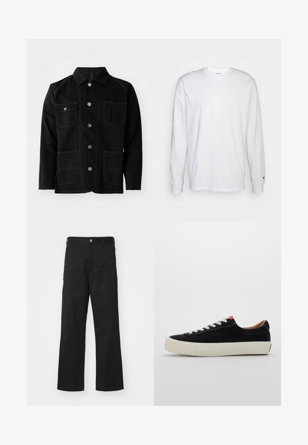 Juodas medvilnės džemperis su klasikiniais atlapais, penkiais priekiniais spaudžiamais mygtukais, dviem didelėm kišenėm, kontrastingomis siūlėmis ir ilgomis rankovėmis.; Balta, ilga rankovė T-maiša, pagaminta iš medvilnės. Apvalios iškirptės dizainas su raukiniais ant rankovių ir nedidelis logotipas ant kairės rankovės. Glotni tekstūra.; Juodos kelnės, pagamintos iš tvirto audinio, tiesaus kirpimo, su priekiniais sagų uždarymais, diržo kilpomis ir be akivaizdžių raštų ar akcentų.; Juodas audinio sportbačių modelis su baltais raišteliais, smėlio spalvos guminiu padu ir raudona akcentu kulne. Apvalus kojų pirštų dizainas ir minimalus siuvimo detalizavimas.