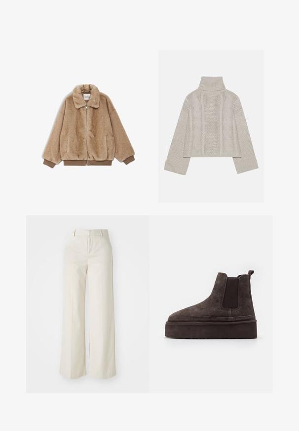 Neplederen jas in beige met een rits aan de voorkant, grote kraag en ribgebreide manchetten en zoom. Zachte textuur met zijzakken.; Korte, lichtgrijze gebreide trui met een hoge kraag en ribbelmanchetten, met gestructureerde kabelpatronen op de rug en zijkanten.; Brede broek in een lichte beige kleur, gemaakt van een gladde stof. Kenmerkt zich door een klassieke tailleband en een vlakke voorkant met strakke lijnen.; Bordeaux kleurige suède Chelsea boots met elastische zijpanelen en een dikke, gestructureerde platformzool. Voorzien van een trektab aan de hiel voor gemakkelijk aan- en uittrekken.