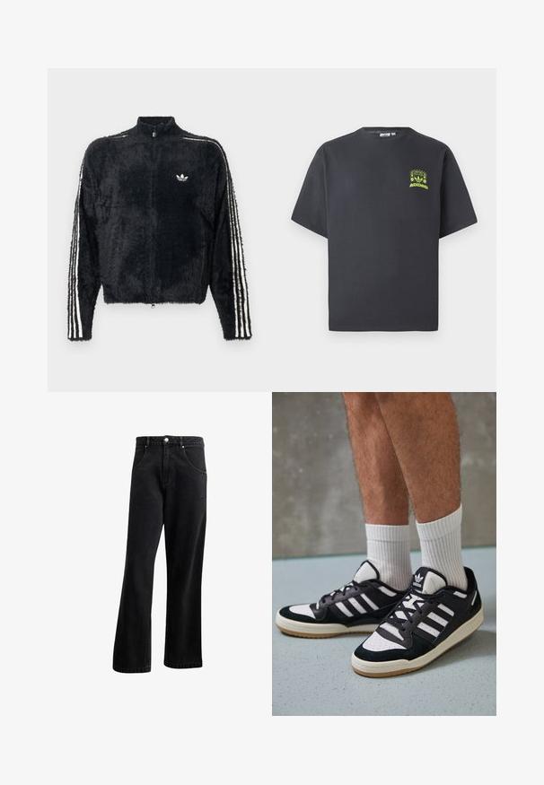 Juoda pūkuota striukė su aukštu apykakle, visiškai užtrauktuku ir baltais trimis juostelėmis ant rankovių. Sudedamas nedidelis logotipas ant krūtinės.; Anglies pilkos spalvos Adidas marškinėliai trumpomis rankovėmis su mažu neoninės žalios spalvos grafikų, vaizduojančiu garsiakalbius, saulę ir Adidas logotipą, kairėje krūtinės pusėje.; Juodi džinsai su tiesiu siluetu, turintys priekinius kišenes, mygtukų užtrauktuką ir šiek tiek tekstūros. Įtraukta subtili logotipo detalė.; Juodos ir baltos sportinės bateliai su zomšiniu ir odiniu viršumi, su trimis baltomis juostelėmis, perforuota koja ir guminėmis padais.