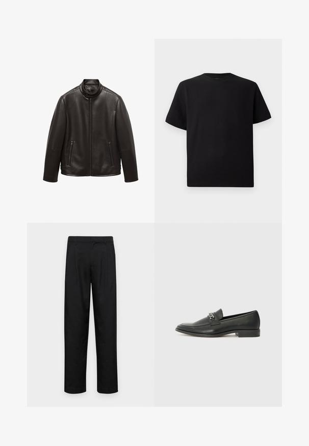 Svart läderjacka med hög krage, dragkedjestängning framtill och två dragkedjefickor. Slät textur, skräddarsydd passform och inga synliga mönster.; Svart kortärmad T-shirt gjord av texturerad tyg, med rund halsringning och avslappnad passform. Enkel, utan mönster eller detaljer.; Svarta byxor i slät väv, med rak ben-design, två framfickor och standardmidja med bälteshällor.; Svart läderloafers med en slät yta, med en sydd design och en dekorativ metallkedjeaccent över västen. Platt häldesign.