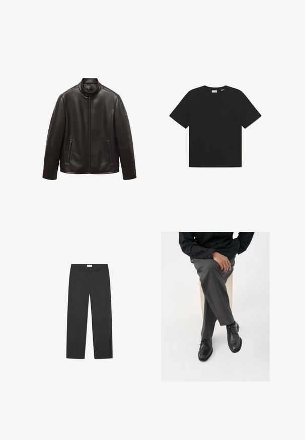 Svart läderjacka med hög krage, dragkedjestängning framtill och två dragkedjefickor. Slät textur, skräddarsydd passform och inga synliga mönster.; Svart bomullströja med rund hals och korta ärmar. Har en subtil textlogo på framsidan. Mjuk textur och avslappnad passform.; Svarta byxor tillverkade av lätt material. Har en rak bendesign med platt fram, sidofickor och en diskret midja.; Svarta läder snörskor med polerad yta, matchade med grå skräddarsydda byxor, visade i en sittande position mot en vit bakgrund.
