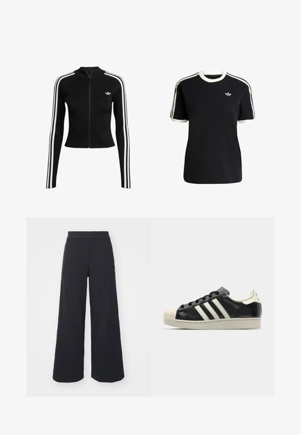Black ribbed zip-up sweater with long sleeves, featuring white stripes along the arms and a small logo on the left chest.; Black cotton t-shirt with white accents on the collar and sleeves, featuring three white stripes on each shoulder and a small logo on the chest.; Black wide-leg sweatpants made from soft fabric, featuring an elastic waistband and a small logo on the left side.; Black leather sneaker with white stripes, rubber toe cap, black laces, and a cream-colored outsole. Smooth texture with shiny finish.