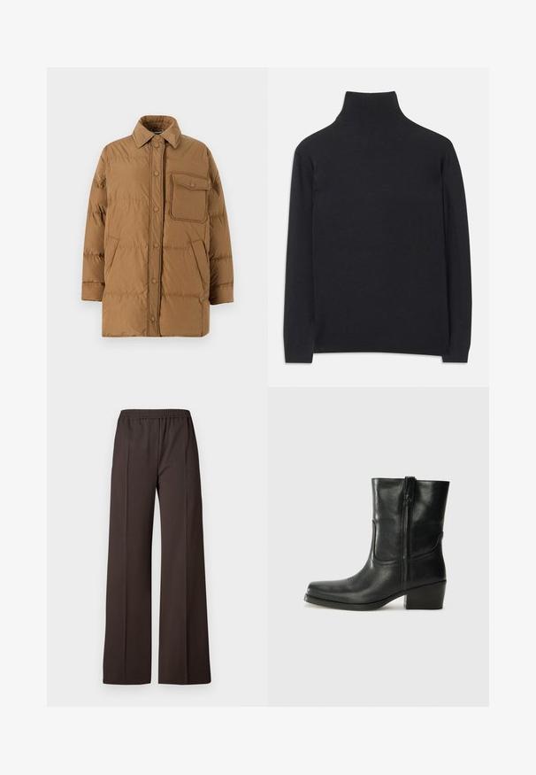 WEEKEND MaxMara CARLOS - Kaput ispunjen paperjem - nocciola; Crna rolka izrađena od mekanog materijala. Ima duge rukave, visoki ovratnik te rebraste rukave i donji rub za prilagodljiv izgled.; Široke hlače od tamnosmeđe tkanine s elastičnom trakom u struku, s glatkom teksturom i urednim linijama za prilagođeni izgled.; Crne kožne čizme do članaka s okruglim vrhom, blok potpeticom, bočnim patentnim zatvaračem i detaljima od šavova na gornjem dijelu. Glatka tekstura, klasičan dizajn.