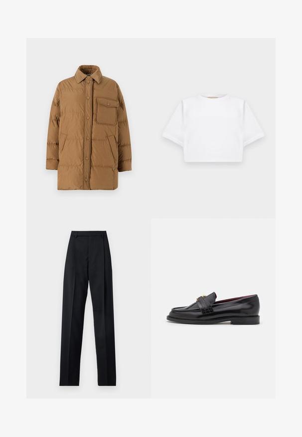 Weekend Max Mara CARLOS - Down coat - nocciola; Cropped white t-shirt made of soft fabric, featuring short sleeves, a round neckline, and ribbed hem details. Simple and unembellished design.; Black trousers made from smooth fabric featuring a high waist, wide legs, front pleats, and classic belt loops. No side pockets visible.; Black leather loafers with a stitched pattern, smooth texture, gold buckle detail, and a rounded toe, set on a low black sole.