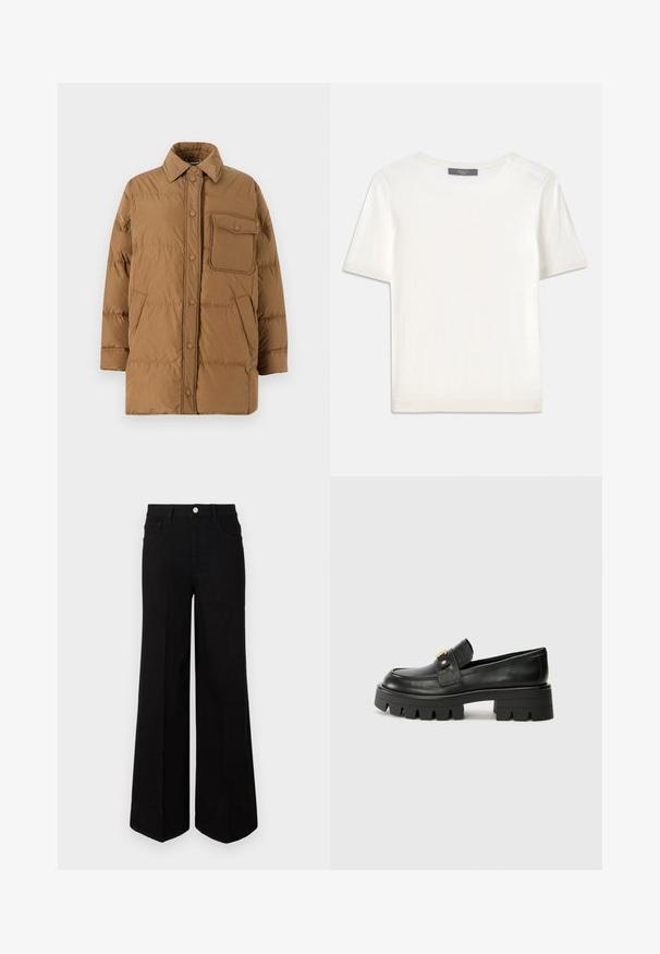 WEEKEND MaxMara CARLOS - Down coat - nocciola; White short-sleeve knit top with a round neckline, featuring a smooth texture and subtle ribbed accents at sleeves and hem.; Black wide-leg jeans made of sturdy fabric, featuring a high waist, front pockets, and a front button closure. Flat hem at the bottom.; Black leather loafers with a chunky sole, featuring a gold-tone accent on the front and a smooth finish. Chunky tread design on the sole.