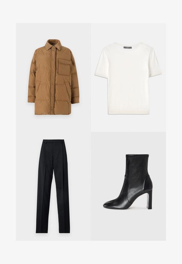 Weekend Max Mara CARLOS - Down coat - nocciola; White short-sleeve knit top with a round neckline, featuring a smooth texture and subtle ribbed accents at sleeves and hem.; Black trousers made from smooth fabric featuring a high waist, wide legs, front pleats, and classic belt loops. No side pockets visible.; Black leather ankle boot with a sleek design, pointed toe, and a high block heel. Features smooth texture and minimalistic stitching detail.