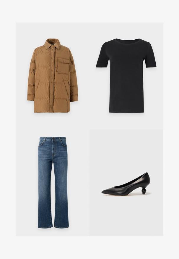 WEEKEND MaxMara CARLOS - Daunenmantel - nocciola; Schwarzes T-Shirt mit kurzen Ärmeln aus weicher Baumwolle, mit rundem Halsausschnitt und klassischer Passform. Glatte Textur, ohne Muster oder Verzierungen.; Dunkelblaue Denim-Jeans mit geradem Bein, fünf Taschen-Design, Knopfverschluss und dezenten Steppnähten.; Schwarze Leder-Pumps mit spitzem Zehenbereich und runder, ballförmiger Ferse. Glatte Textur mit einem eleganten, minimalistischen Design.