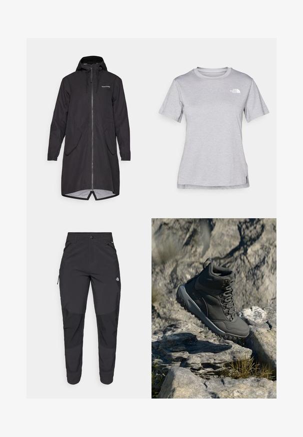 Mustbe, veekindel must pikk jakk kapucni ja esiseibiga, kahe küljetaskuga ning elastsete randmesügadega. Omab võrkkatet ja kergelt kaardus serva.; Hall juppuvarrega, pehmeast, niiskust eemaletõukavast kangast lühikeste varrukatega hall T-särk. Omab ümarat kaelust ning väikest valget logo vasakul ülal.; Must black välitingimustes püksid, mis on valmistatud vastupidavast kangast. Omavad lukugaTaskuid, tugevdatud põlvepaneele ja sirget lõiget liikuvuse tagamiseks.; Tumehallid matkajalatsid, mis on valmistatud sünteetilisest materjalist, omavad pehmendatud kaelaosa, metallist silmuseid ja tekstuurset kummist tallat, mis tagab haarduvuse.