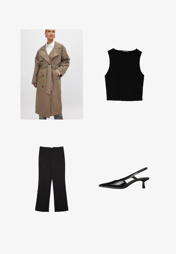 Harmaa trench-takki vyöllä, kaksirivinen etuosa, suuret kaulukset ja sivutaskut. Valmistettu sileästä ja teksturoidusta kankaasta.; Musta hihaton crop-top, joka on valmistettu sileästä kankaasta, jossa on pyöreä kaula-aukko ja siisti, yksinkertainen muotoilu ilman kuvioita tai varusteita.; Mustat housut suoralinjaisella leikkauksella, joissa on etutaskut ja sivurei'ät helman alla. Valmistettu pehmeästä ja sileästä kankaasta. Sopii eri tilaisuuksiin.; Mustat lakatut nahkakengät, joissa on viistopää, leikattu sivusuunnassa ja pieni neliökoroke. Sujuva pinta, jossa on minimaalinen koristelu.