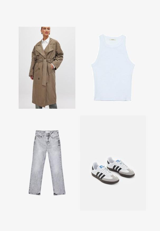 Khaki płaszcz trench z paskiem, podwójnie zapięty z przodu, z dużymi klapami i bocznymi kieszeniami. Wykonany z gładkiego, teksturowanego materiału.; Biały top bez rękawów, prążkowana tekstura, okrągły dekolt, dopasowany krój, subtelne logo na metce wewnątrz obszaru kołnierza.; Szare dżinsy o prostym kroju nogawki, z przetarciami, pięcioma kieszeniami i miedzianymi nitami. Pasek w talii posiada metkę z logo.; Buty sportowe z białą skórzaną cholewką, szarym zamszowym noskiem i trzema czarnymi paskami. Posiadają niebieskie logo na języku oraz teksturowaną gumową podeszwę.