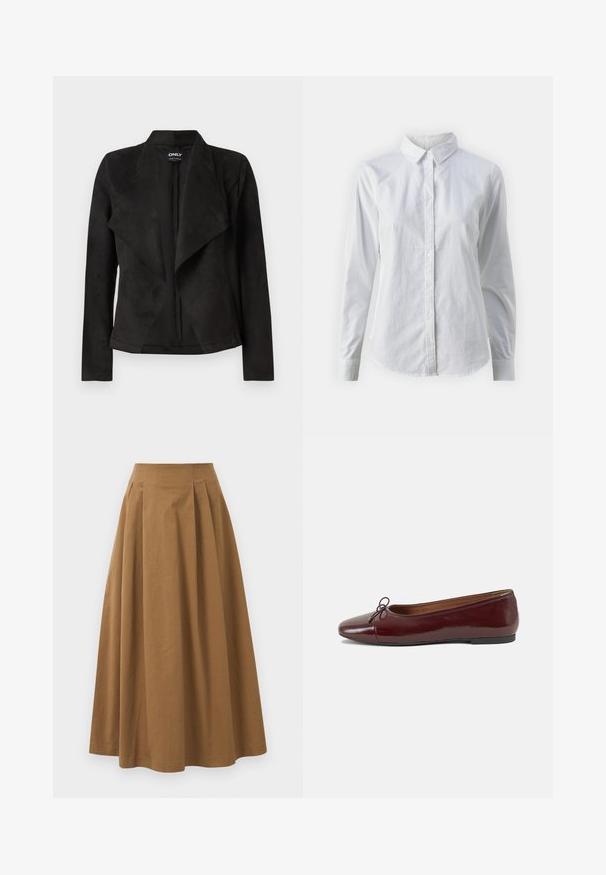 Fekete műsuede dzseki redőzött elülső dizájnnal. Hosszú ujjakkal, látható záródások nélkül, sima textúrával rendelkezik.; Fehér, sima pamutből készült gombos ing, klasszikus gallérral, hosszú ujjakkal és ívelt hemvéggel. A gombok kicsik és fehérek.; Barna pamut A-vonalú szoknya magas derékkal, elöl pliszézett és sima textúrával. Az alsó szegélyek letisztultak és egyszerűek.; Burgundi lakkbőr balettcipő kerek orral, elöl kis masni díszítéssel és alacsony, fekete gumi talppal. Simára csiszolt felület.