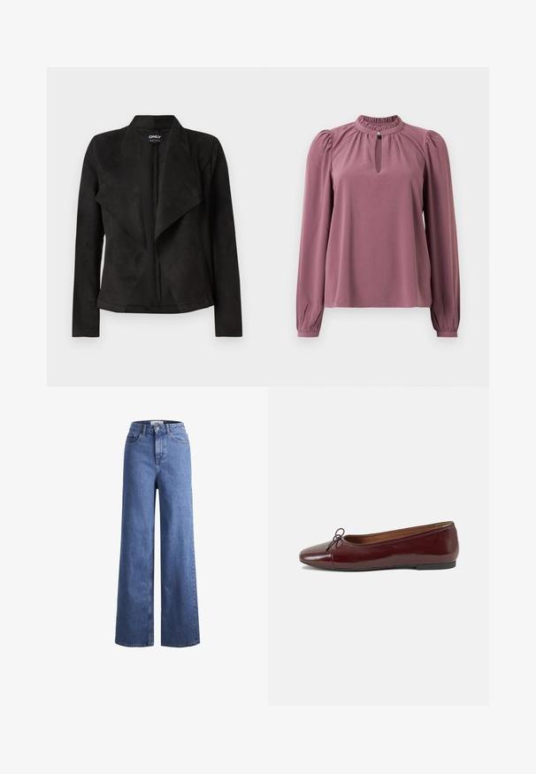 Fekete műsuede dzseki redőzött elülső dizájnnal. Hosszú ujjakkal, látható záródások nélkül, sima textúrával rendelkezik.; Hosszan ujjú mályva blúz, gyűrt gallérral, kislyukú nyakkivágással, gombos záródással és enyhén puffos vállakkal.; Világoskék, széles szárú farmernadrág magas derékkal, két elülső zsebbel és látható varrással. Gombos és cipzáros záródás.; Burgundi lakkbőr balettcipő kerek orral, elöl kis masni díszítéssel és alacsony, fekete gumi talppal. Simára csiszolt felület.