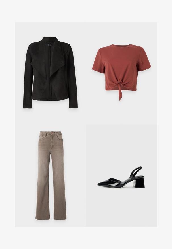 Melnā mākslīgā zamša jakā ar izsistūru priekšpusi. Tam ir garas piedurknes, nav redzamu aizdari un gluda tekstūra.; Rūsganbrūns īsais krekls no mīksta kokvilnas ar īsām piedurknēm un mezglotu priekšējo daļu. Gluda tekstūra, noapaļots kakla izgriezums.; Brūnas augsta vidukļa taisnas kājas džinsi ar priekšējo pogu, jostu cilpiņām un klasisko piecu kabatu dizainu uz baltas fona.; Melna lakota āda ar atvērto papēdi, ar smailu purngalu un ģeometrisku blokpapēdi. Iezīmējas elegants, minimāls dizains un gluda tekstūra.