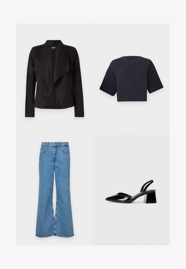 Melnā mākslīgā zamša jakā ar izsistūru priekšpusi. Tam ir garas piedurknes, nav redzamu aizdari un gluda tekstūra.; Tumši zili izgriezts adīts džemperis ar ribotu tekstūru, īsām platām piedurknēm un apaļu kakla izgriezumu. Vienkāršs dizains, bez redzamām rakstu vai akcentiem.; Gaiši zili, platā piegriezuma džinsi, kas izgatavoti no denima, ar augstu jostasvietu, piecām kabatām un vienu pogu. Mīksta tekstūra ar nolietotu apdari.; Melna lakota āda ar atvērto papēdi, ar smailu purngalu un ģeometrisku blokpapēdi. Iezīmējas elegants, minimāls dizains un gluda tekstūra.