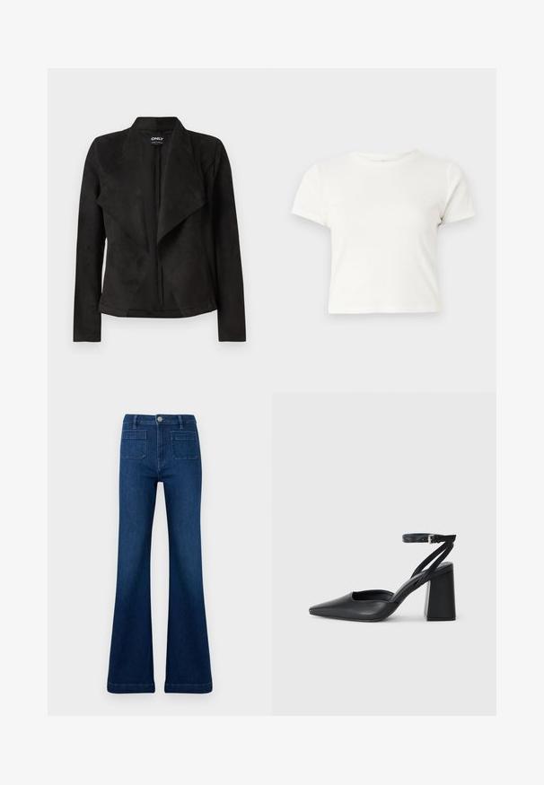 Melnā mākslīgā zamša jakā ar izsistūru priekšpusi. Tam ir garas piedurknes, nav redzamu aizdari un gluda tekstūra.; Īsa balta T-kreklā izgatavots no kokvilnas ar īsām piedurknēm, apaļu kakla izgriezumu un taisnu apakšu, piedāvā gludu tekstūru un minimālistisku dizainu.; Tumši zilie izplešamie džinsi, kas izgatavoti no denima, ar augstu jostasvietu, divām aizmugures kabatām un kontrastējošiem šuvēm gar šuvēm.; Melna ādas augstpapēžu kurpe ar norakstīto purngala formu, potītes siksniņu un masīlu papēdi. Gluda tekstūra, elegants dizains un minimālisma estētika.