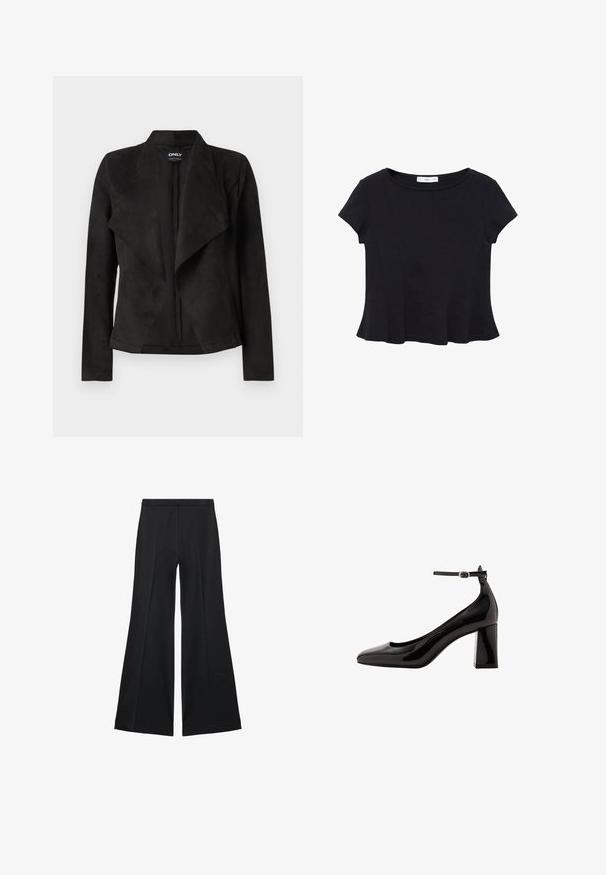 Jachetă din faux suede neagră cu un design cu față drapată. Prezintă mâneci lungi, fără închideri vizibile și o textură netedă.; Top scurt din material moale, de culoare neagră, cu decolteu rotund și tiv evazat, având detalii discrete de cusătură.; Pantaloni negri cu croială largă, având o textură netedă, cu pliseuri frontale și un design croit. Materialul este ușor și fluid.; Pantofi cu toc cu curea la gleznă din piele patentată neagră, cu un finisaj glossy, vârf ascuțit și toc gros. Textură netedă, detalii minime.