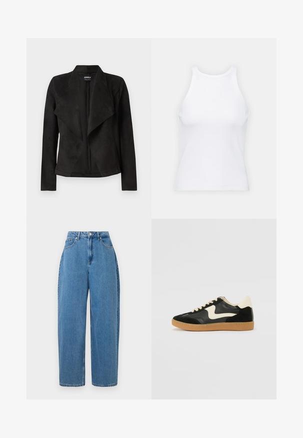 Veste en suédine noire avec un design à l'avant drapé. Présente des manches longues, sans fermetures visibles, et une texture lisse.; Débardeur blanc sans manches en tissu côtelé, doté d'un col rond et d'une silhouette ajustée, avec des coutures minimales et sans ornements.; Un pantalon en denim bleu clair avec une coupe droite, taille haute et fermeture à bouton devant. Il comporte cinq poches et des détails de couture minimaux.; Baskets en daim et cuir noir avec un swoosh latéral crème et un talon crème clair. Dotées de lacets beige et d'une semelle en caoutchouc gomme.