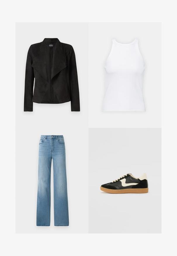 Jachetă din faux suede neagră cu un design cu față drapată. Prezintă mâneci lungi, fără închideri vizibile și o textură netedă.; Top alb fără mâneci, confecționat din material ribbed, prezentând un decolteu rotund și o siluetă ajustată, cu cusături minime și fără ornamente.; Jeans decolorare deschisă, cu talie înaltă, cu un design drept. Confeționate din denim, cu cinci buzunare și închidere cu nasturi.; Tenisi din suede și piele negri cu un swoosh lateral de culoare crem și călcâi de un crem deschis. Prezintă șireturi bej și o talpă din rubber de tip gum.