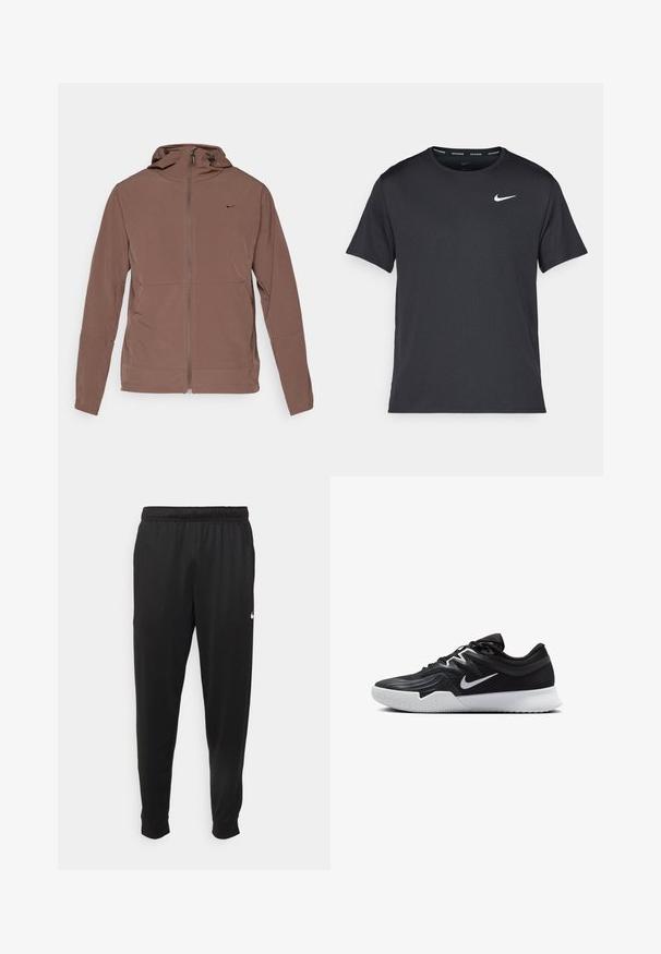 Casaco leve castanho com capuz, fecho frontal completo e pequeno logotipo da Nike no lado esquerdo do peito, mangas longas e cordões ajustáveis no capuz.; T-shirt de corrida Nike preto, feito de material leve e respirável, com mangas curtas e um pequeno logo branco no peito.; Calças de desporto pretas feitas de tecido suave, com uma cintura elástica, pernas ajustadas e um pequeno logo branco no lado esquerdo.; Sapatilha atlética preta com um cabedal texturizado, swoosh branco da Nike e uma sola de borracha branca. Apresenta um design com atacadores e uma forma dinâmica.