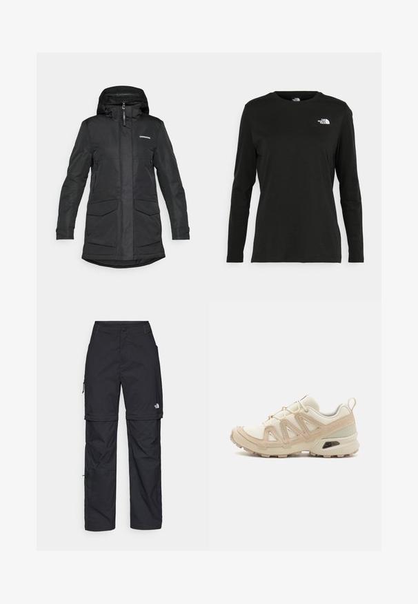 Melnā parka jaka ar kapuci, ar priekšējo rāvējslēdzēju, divām lielām sānu kabatām un logo kreisajā augšējā krūtīs. Gluda tekstūra.; Melnas garām piedurknēm T-krekls, izgatavots no kokvilnas ar apaļu kaklu. Tam ir mazs balts logo kreisajā krūtīs. Vienkāršs dizains un piegulums.; Melni nailona bikses ar noņemamām kājām, regulējamiem uzmavām, vairākām kabatām un logotipu uz labās kājas. Gluda, viegla tekstūra.; Beige un krēma sporta apavi ar strukturētu tīkla virsmu, atbalstošajiem slāņiem un gumijas zoli ar protektoru rakstu, kas nodrošina saķeri.