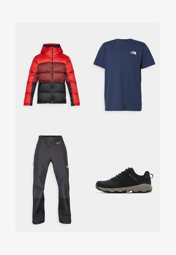 Rote und schwarze, gepolsterte Jacke mit Kapuze, die horizontale Farbblockierungen, einen Reißverschluss und das Columbia-Logo auf der Vorderseite aufweist.; Marineblaue Baumwoll-T-Shirt mit kurzen Ärmeln und Rundhalsausschnitt. Hat ein kleines weißes Logo auf der linken Brust. Glatte Textur.; Schwarze wasserdichte Hose mit glatter Textur, ausgestattet mit einem GORE-TEX-Logo auf der Vorderseite und verstärkten Unterschenkeln für zusätzliche Haltbarkeit.; Schwarze Wanderschuhe mit glattem Obermaterial, perforiertem Design, grauer Laufsohle und verstärktem Fersenbereich. Mit Schnürsenkeln und einer Schlaufe für einfaches Anziehen.