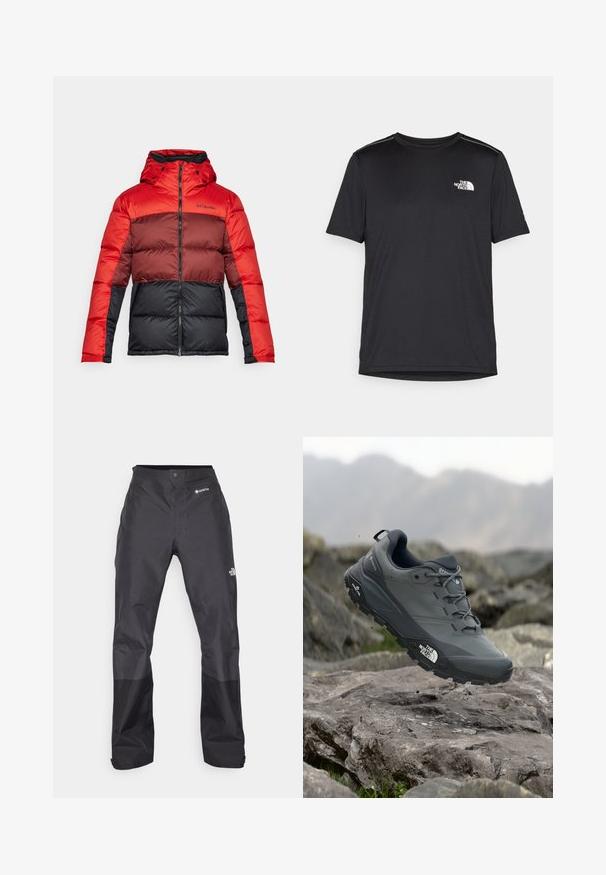 Jachetă puf din roșu și negru cu glugă, având blocuri de culoare orizontale, închidere cu fermoar și logo-ul Columbia pe față.; Tricou negru cu mânecă scurtă, realizat dintr-un material ușor. Prezintă un mic logo alb pe pieptul stâng și accente subtile pe umeri.; Pantaloni negri impermeabili cu o textură netedă, având un logo GORE-TEX pe față și picioare inferioare întărite pentru durabilitate.; Pantof de alergare pe trasee gri, cu o partieră texturată, talpă din cauciuc durabil și vârf întărit. Dispune de șireturi și logo-ul brandului pe lateral.