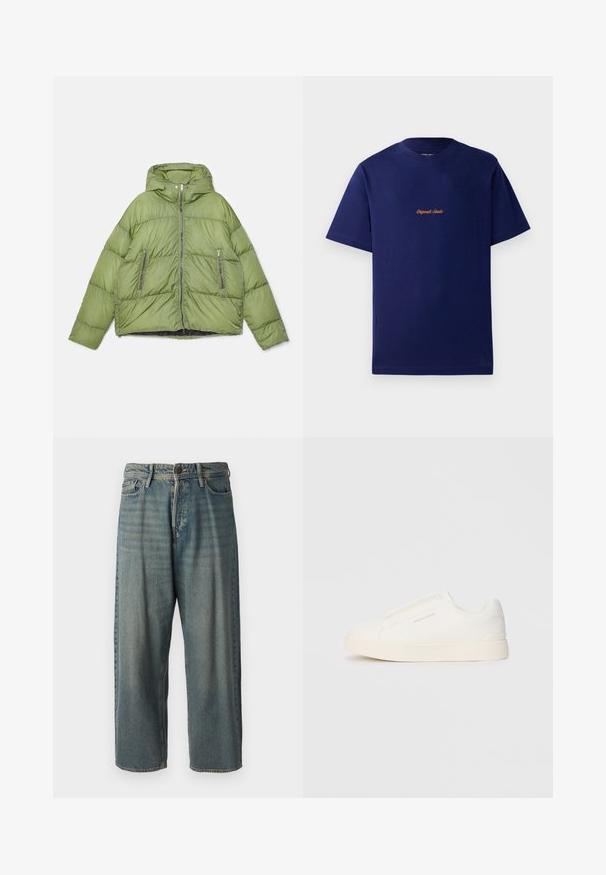 Casaco acolchoado com capuz na cor verde-azeitona, apresentando um fecho de correr frontal completo e dois bolsos laterais com fecho de correr. Tecido suave com um acabamento ligeiramente brilhante.; T-shirt de algodão azul-marinho com mangas curtas. Apresenta um pequeno logótipo bordado laranja no peito. Design clássico de gola redonda.; Jeans de ganga azul claro com um corte solto, cintura média e pernas retas. Apresenta cinco bolsos, passadores de cinto e fecho com botão.; Sapatilhas brancas de atacar com uma superfície texturizada, sola grossa e design minimalista. Possui o logo da marca na lateral.