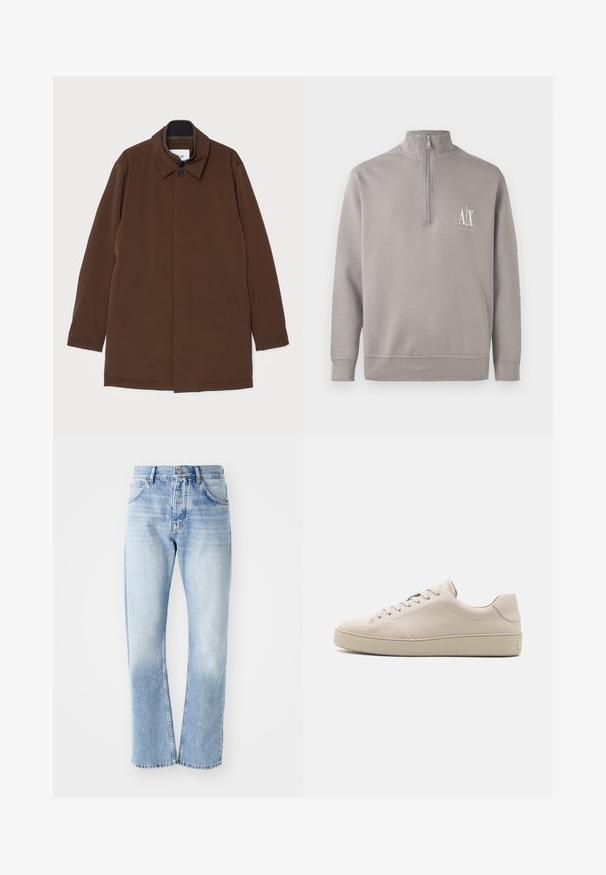 Brun yderjakke med lige snit, spids krave, to sidelommer og enkelt knaplukning. Glat stofstruktur.; Lysegrå kvart-zip trøje lavet af blødt materiale, med et lille hvidt logo på brystet samt elastiske manchetter og kant.; Lyseblå denim jeans med lige ben. Har en fem-lomme design, knaplukning og en falmet tekstur mod bunden.; Beige lædersneakers med en glat finish, rund tå, flad sål og klassisk snøredesign. Subtile syninger og struktureret ydersål.