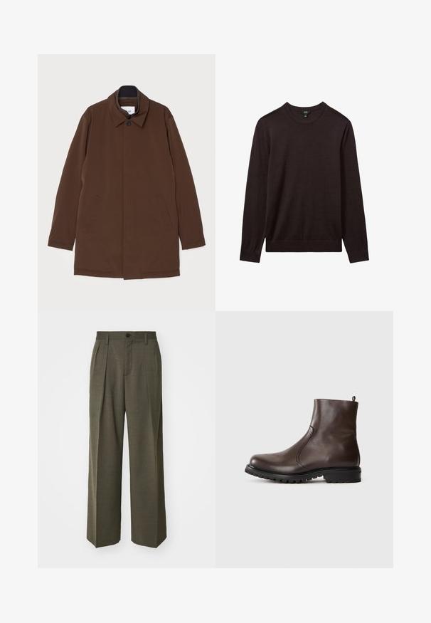 Cappotto esterno marrone con taglio dritto, colletto a punta, due tasche laterali e chiusura con un bottone. Tessuto dalla consistenza liscia.; Reiss Maglione - dark bordeaux; Filippa K WIDE TROUSERS - Pantaloni - driftwood; Stivale alla caviglia in pelle marrone con una texture liscia, pannelli laterali elasticizzati, linguetta sul retro e suola in gomma robusta.
