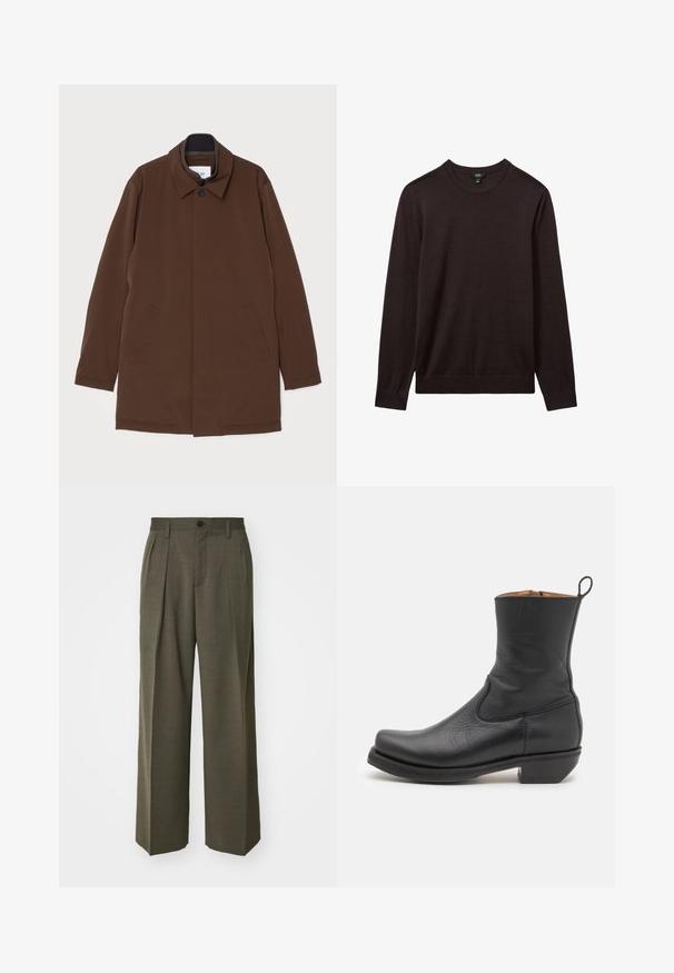 Brun yderjakke med lige snit, spids krave, to sidelommer og enkelt knaplukning. Glat stofstruktur.; Reiss Striktrøje - dark bordeaux; Filippa K WIDE TROUSERS - Bukser - driftwood; Sort læder ankelstøvle med en glat overflade, slank profil, sidesyning og en lav kvadratisk hæl. Har en løftestrop bagpå.