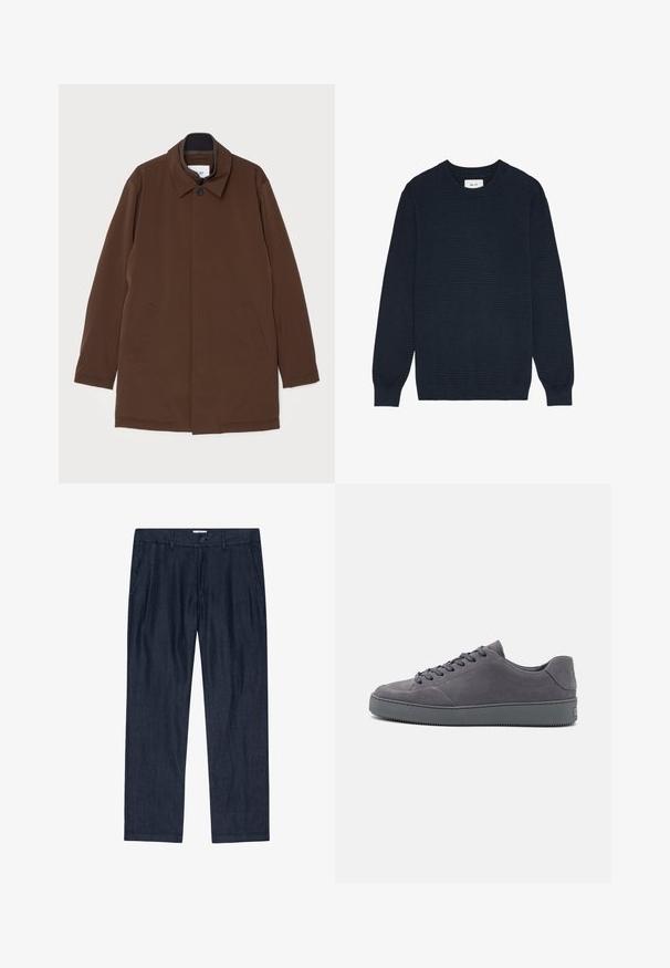 Brown outerwear coat with a straight cut, point collar, two side pockets, and a single button closure. Smooth fabric texture.; Navy blue knit sweater with a ribbed texture, crew neckline, and long sleeves. Hem and cuffs are ribbed, featuring a subtle design detail.; White cotton t-shirt with a relaxed fit, round neckline, short sleeves, and text labels in black. No patterns or graphics.; Dark blue, loose-fitting pants made of a textured fabric with a button closure and side pockets; straight leg design with a soft finish.; Gray suede sneakers with a low-top design, round toe, lace-up front, and textured rubber sole. Minimalist style with subtle branding on the heel.