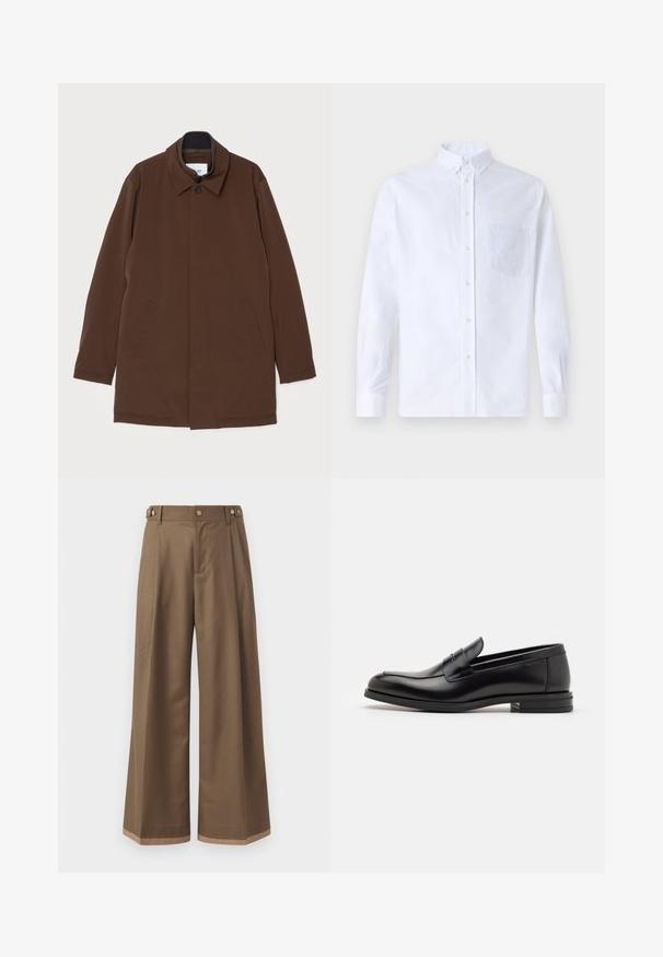 Brun yderjakke med lige snit, spids krave, to sidelommer og enkelt knaplukning. Glat stofstruktur.; Hvid langærmet skjorte med knapper lavet af bomuld, med en brystlomme med tonal broderi, krave og knapmanchetter.; Bredde ben bukser i et mørkebrunt stof, der har to sidelommer, to dekorative forreste knapper og en kontrast kant.; Sorte læderloafers med en glat overflade, rund tå og en dekorativ strop over vampen. Lav hæl med stabeldesign, minimalistisk stil.
