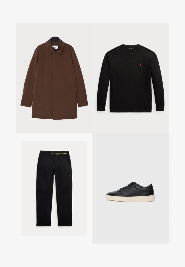 Palton exterior maro cu croială drept, guler punctat, două buzunare laterale și închidere cu un singur nasture. Textura materialului este netedă.; Tricou negru cu mânecă lungă din bumbac. Are guler rotund, manșete ribbificate și un mic logo roșu brodat pe piept. Textură netedă.; Pantaloni negri dintr-un material ușor, cu un talie elastică și o curea verde integrată, croi drept și buzunare laterale.; Sneaker din piele neagră, cu vârf jos, cu șireturi negre și talpă de un alb murdar, prezentat în profil lateral, pe un fundal alb.
